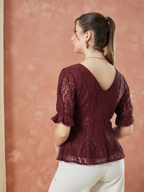 Latin Quarters Women's Maroon Half Sleeves Self Design Round Neck Casual Top