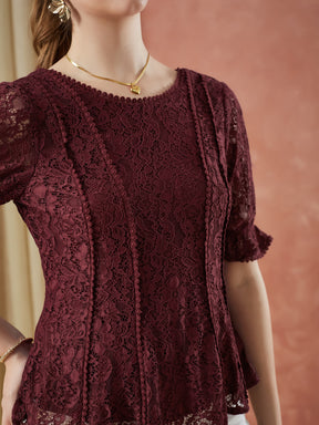 Latin Quarters Women's Maroon Half Sleeves Self Design Round Neck Casual Top