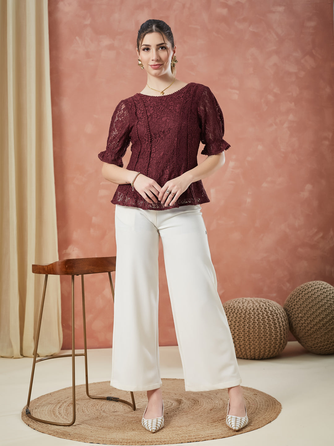 Latin Quarters Women's Maroon Half Sleeves Self Design Round Neck Casual Top