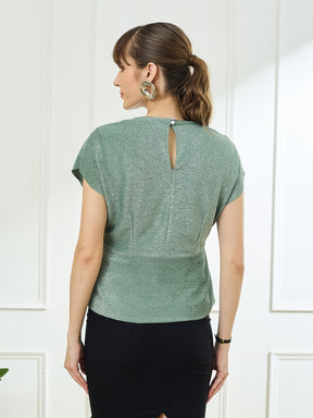 Latin Quarters Women's Green Cap Sleeves V-Neck Party Shimmer Top