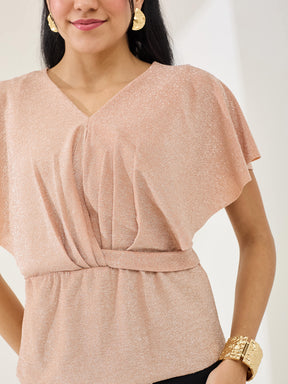 Latin Quarters Women's Peach Shimmer Cap Sleeve V-Neck Party Top