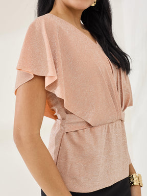 Latin Quarters Women's Peach Shimmer Cap Sleeve V-Neck Party Top