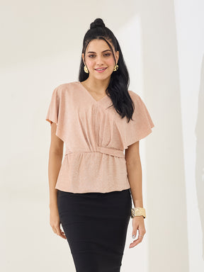 Latin Quarters Women's Peach Shimmer Cap Sleeve V-Neck Party Top