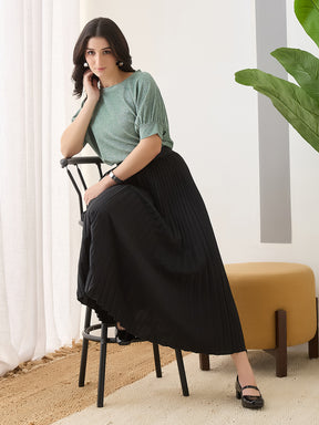 Latin Quarters Women Green Solid Half Sleeves Casual Top