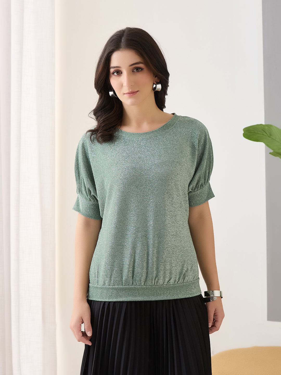 Latin Quarters Women Green Solid Half Sleeves Casual Top