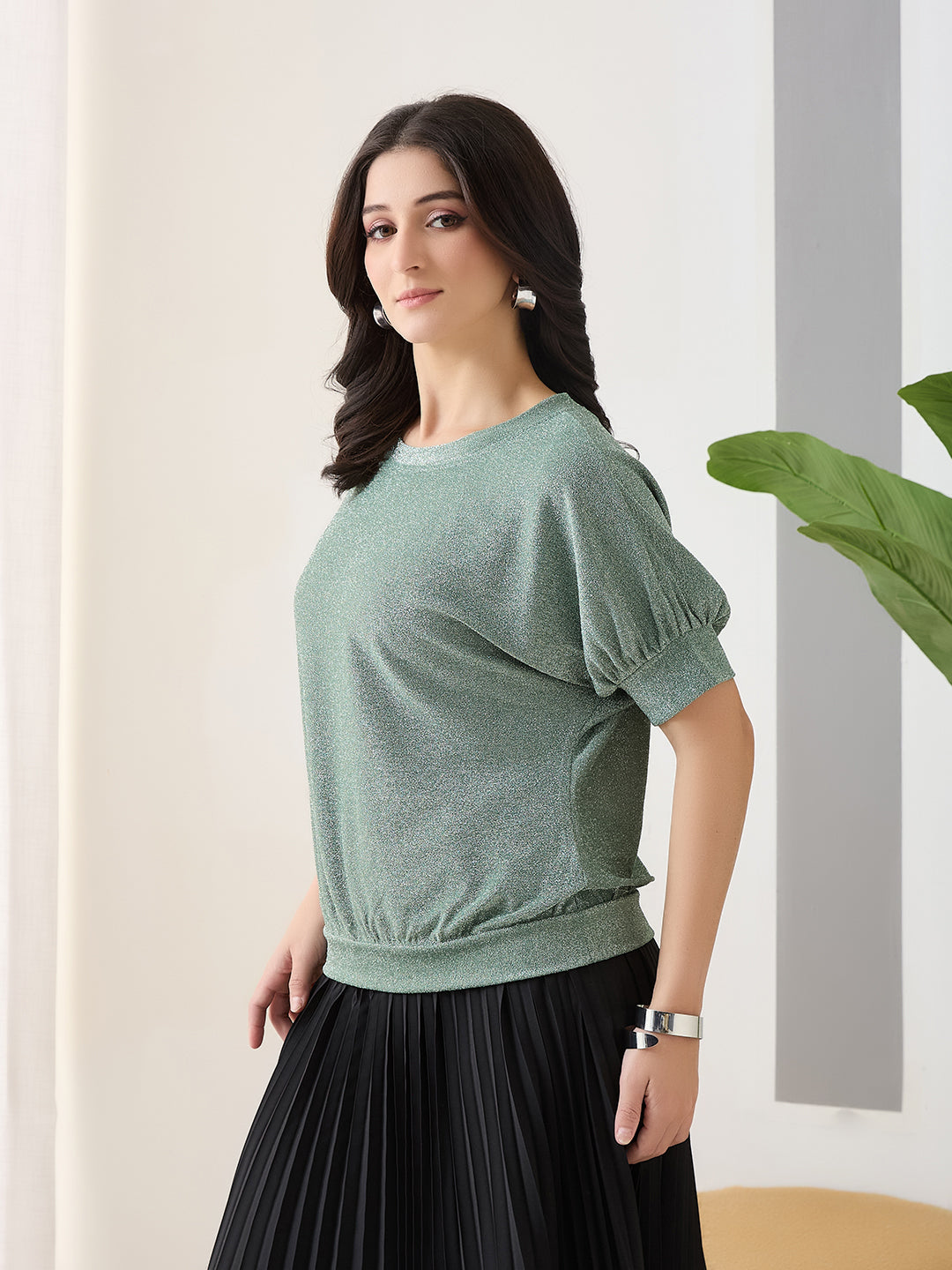 Latin Quarters Women Green Solid Half Sleeves Casual Top