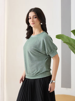 Latin Quarters Women Green Solid Half Sleeves Casual Top