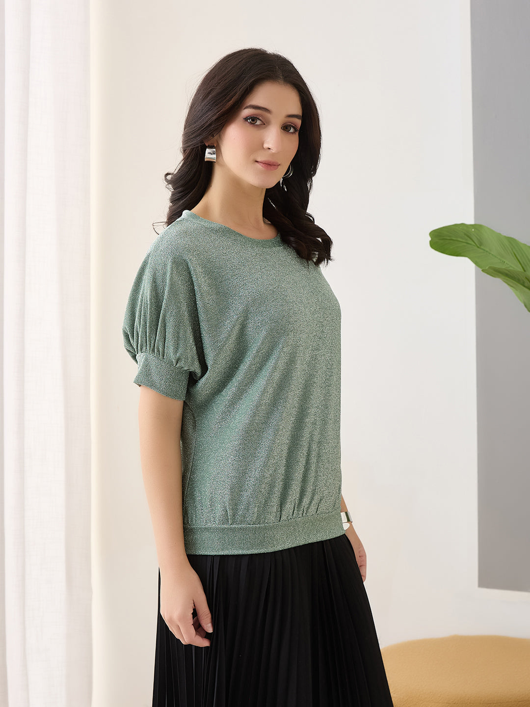 Latin Quarters Women Green Solid Half Sleeves Casual Top