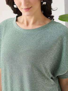 Latin Quarters Women Green Solid Half Sleeves Casual Top