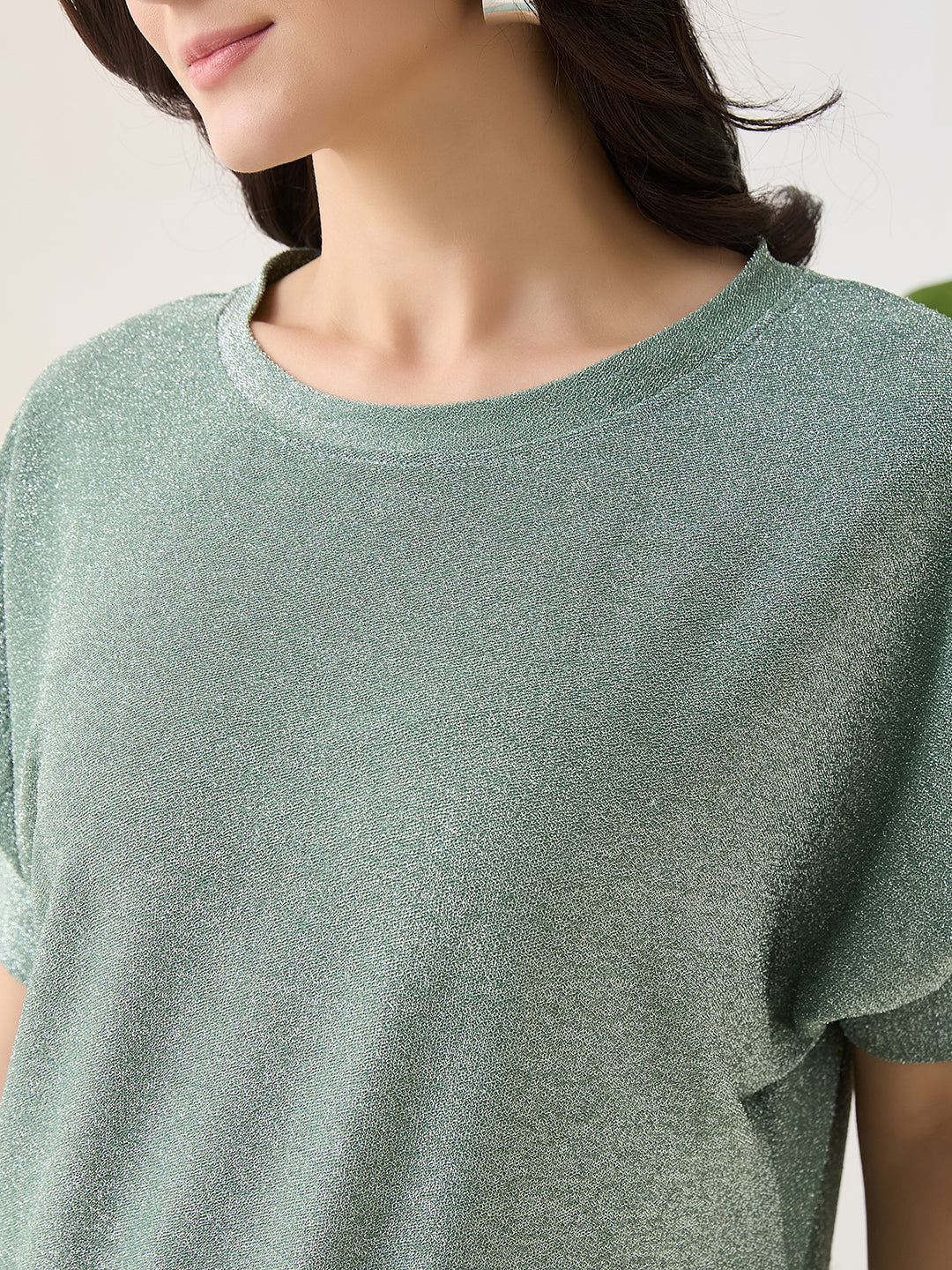 Latin Quarters Women Green Solid Half Sleeves Casual Top