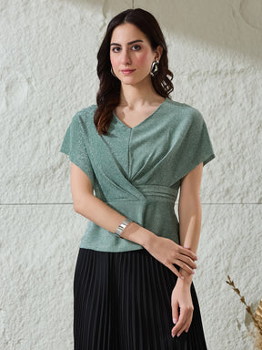 Latin Quarters Women's Green Shimmer Cap Sleeves V-Neck Party Peplum Top