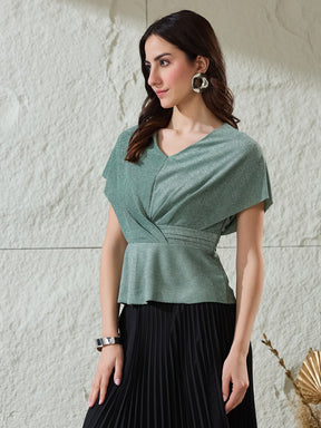 Latin Quarters Women's Green Shimmer Cap Sleeves V-Neck Party Peplum Top