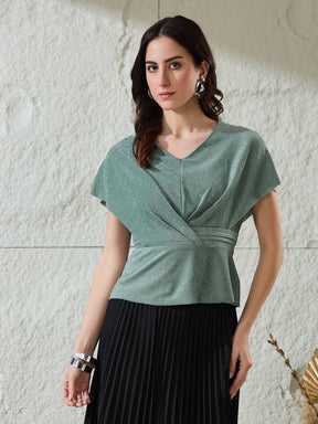 Latin Quarters Women's Green Shimmer Cap Sleeves V-Neck Party Peplum Top