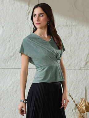 Latin Quarters Women's Green Shimmer Cap Sleeves V-Neck Party Peplum Top
