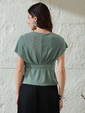 Latin Quarters Women's Green Shimmer Cap Sleeves V-Neck Party Peplum Top