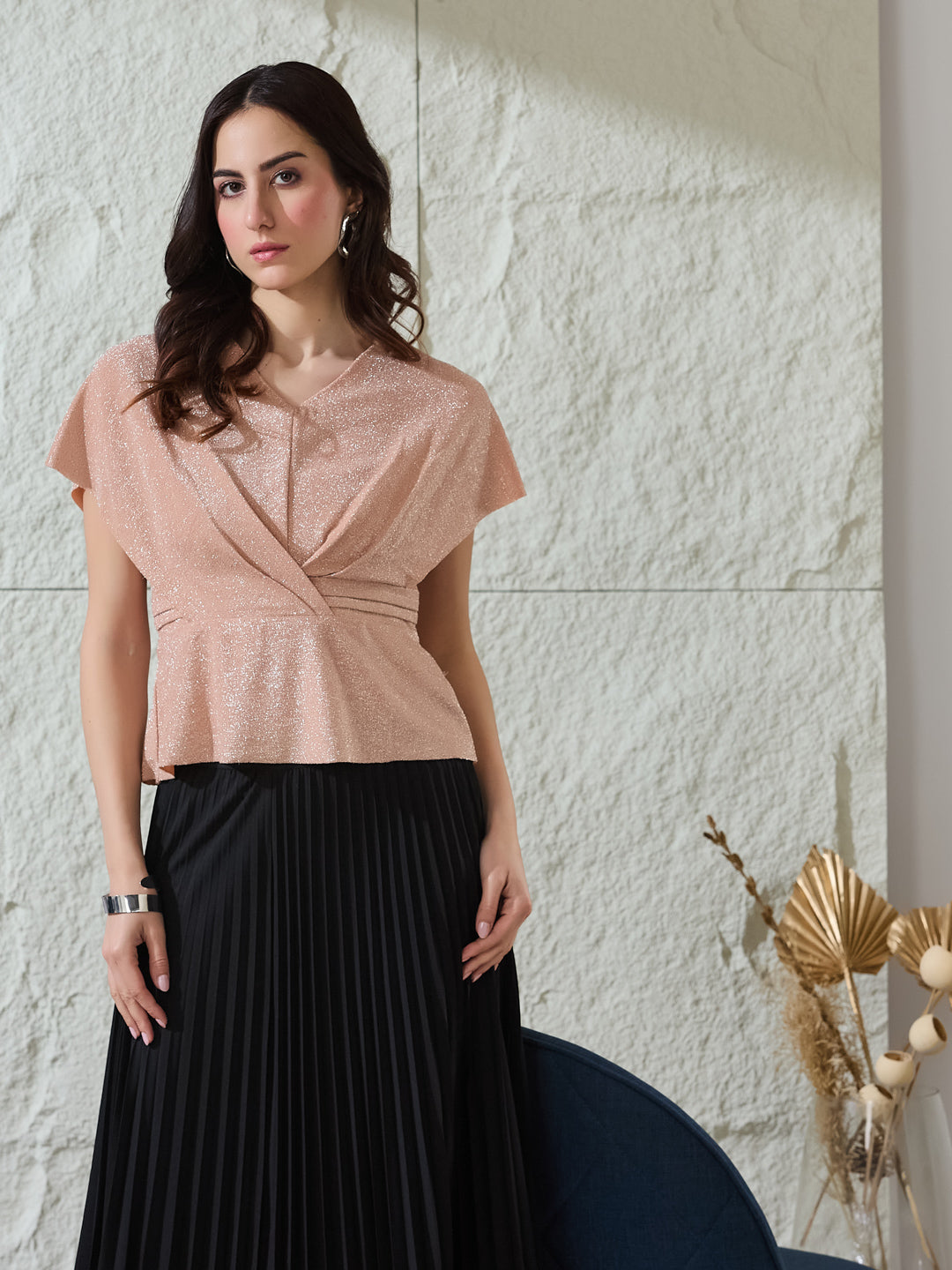 Latin Quarters Women's Peach Shimmer Cap Sleeves V-Neck Party Peplum Top