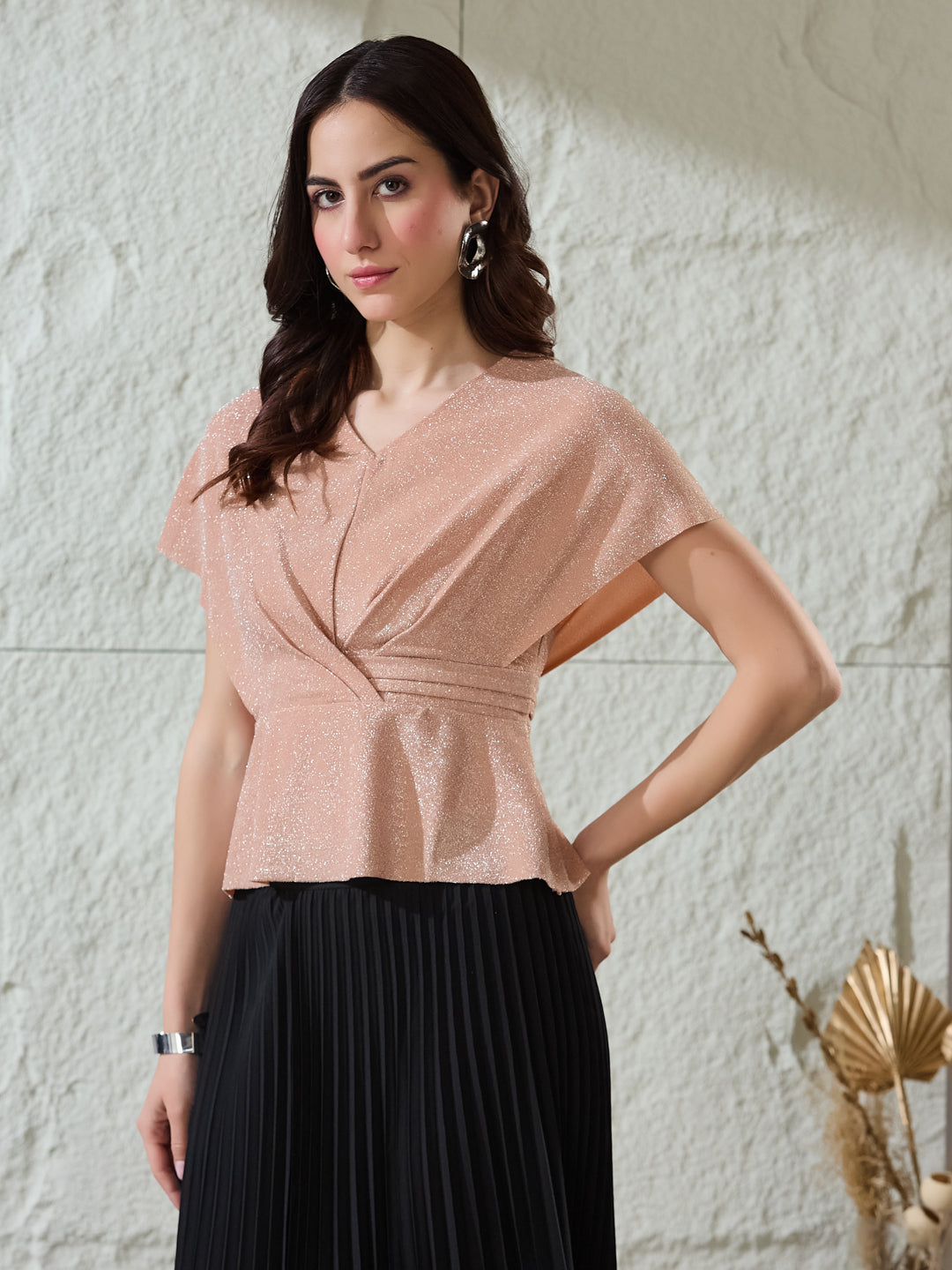 Latin Quarters Women's Peach Shimmer Cap Sleeves V-Neck Party Peplum Top