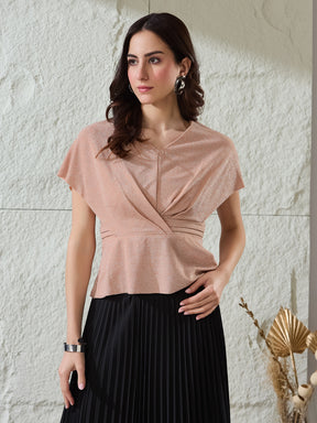 Latin Quarters Women's Peach Shimmer Cap Sleeves V-Neck Party Peplum Top