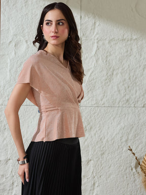 Latin Quarters Women's Peach Shimmer Cap Sleeves V-Neck Party Peplum Top