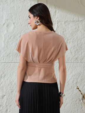 Latin Quarters Women's Peach Shimmer Cap Sleeves V-Neck Party Peplum Top