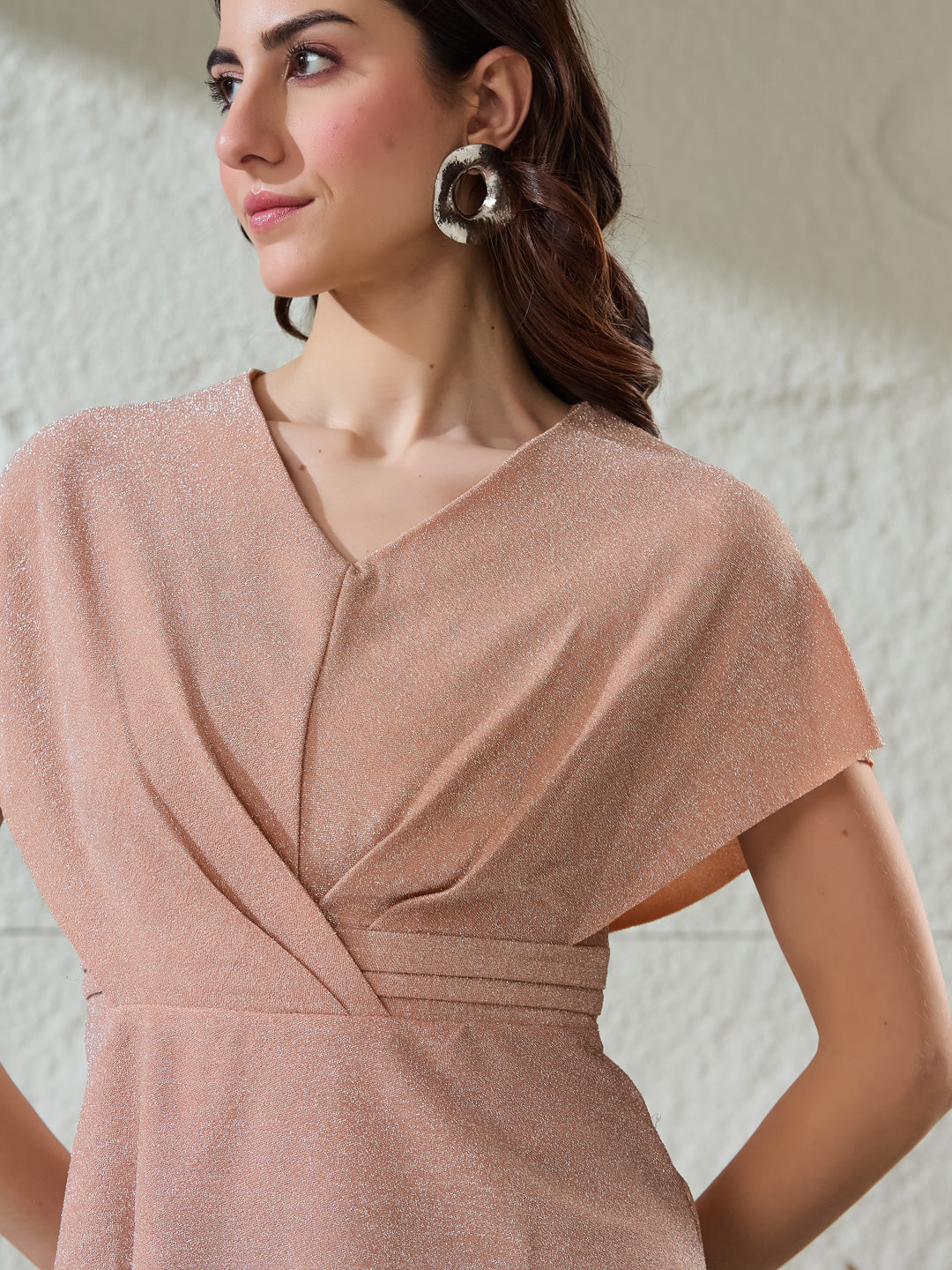 Latin Quarters Women's Peach Shimmer Cap Sleeves V-Neck Party Peplum Top