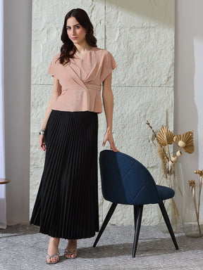 Latin Quarters Women's Peach Shimmer Cap Sleeves V-Neck Party Peplum Top