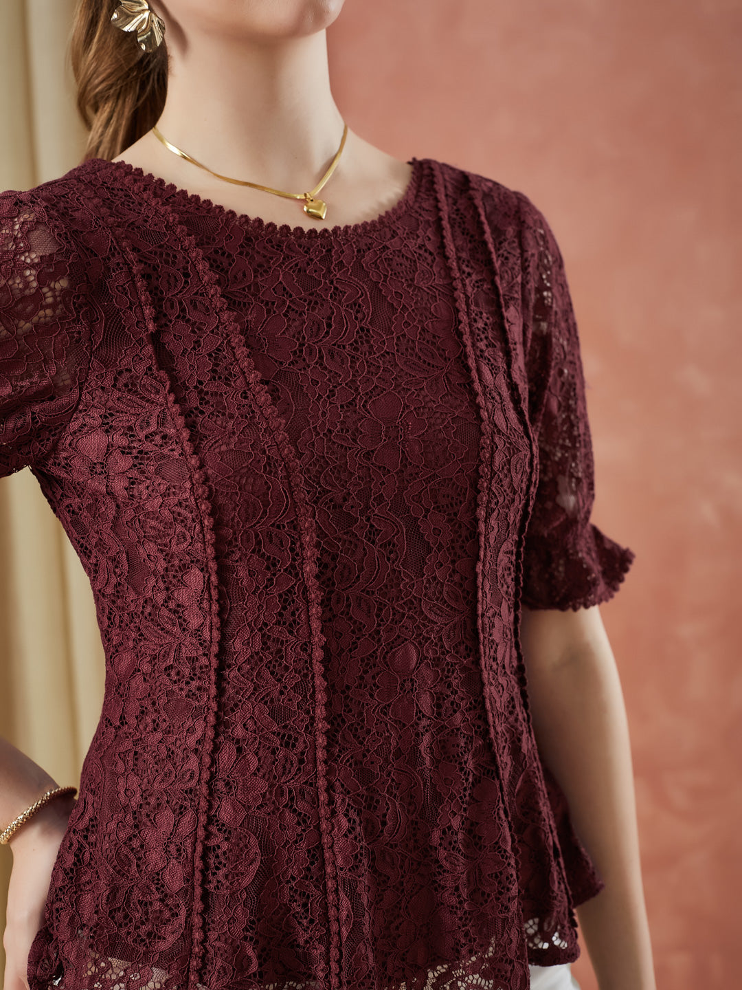 Latin Quarters Women Maroon Half Sleeves Casual Top
