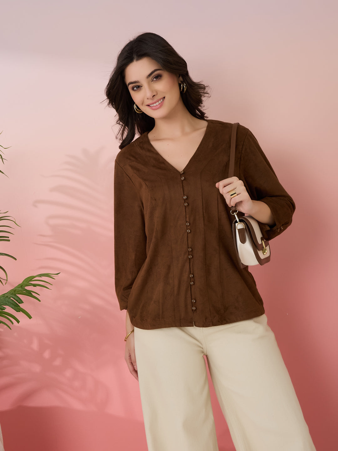 Latin Quarters Women's Brown Solid V-Neck 3/4th Sleeves Casual Top