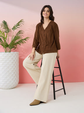 Latin Quarters Women's Brown Solid V-Neck 3/4th Sleeves Casual Top