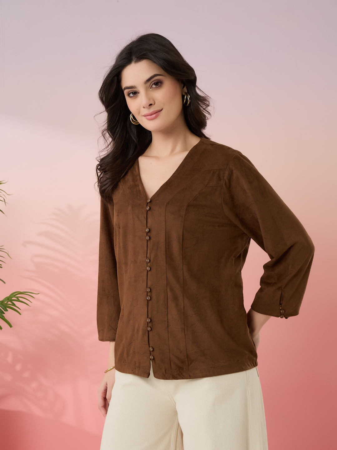 Latin Quarters Women's Brown Solid V-Neck 3/4th Sleeves Casual Top
