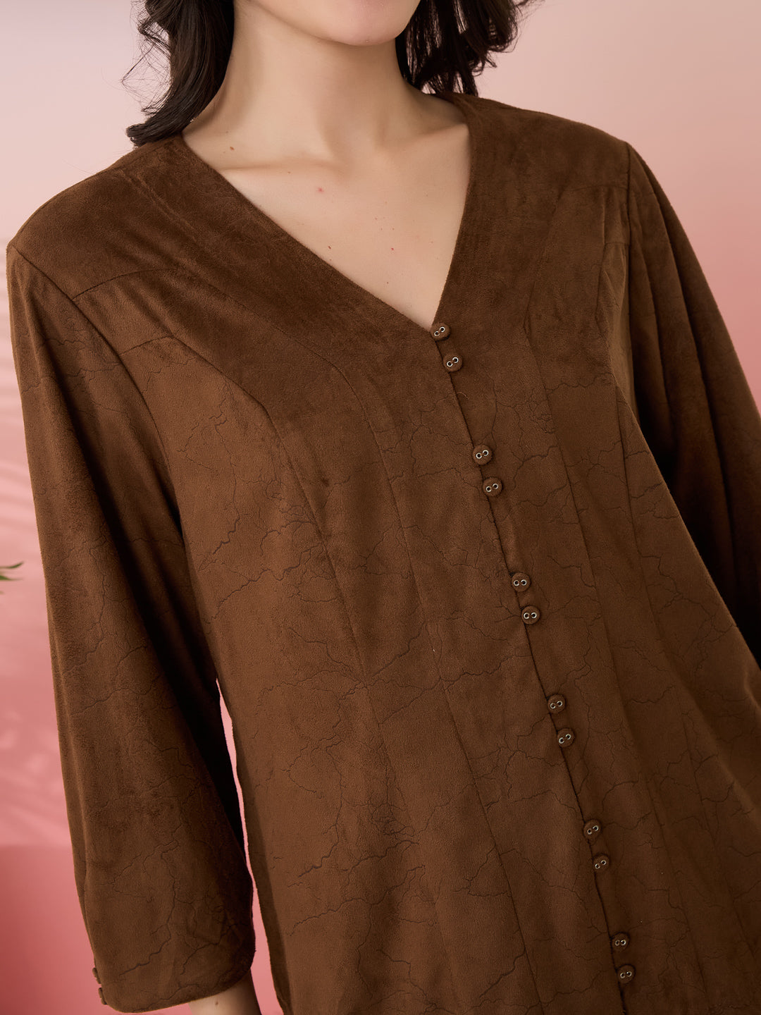 Latin Quarters Women's Brown Solid V-Neck 3/4th Sleeves Casual Top