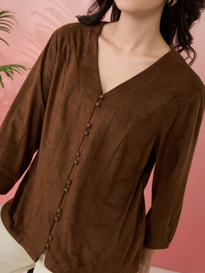 Latin Quarters Women's Brown Solid V-Neck 3/4th Sleeves Casual Top