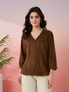 Latin Quarters Women's Brown Solid V-Neck 3/4th Sleeves Casual Top