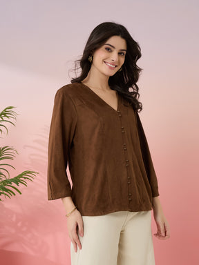 Latin Quarters Women's Brown Solid V-Neck 3/4th Sleeves Casual Top