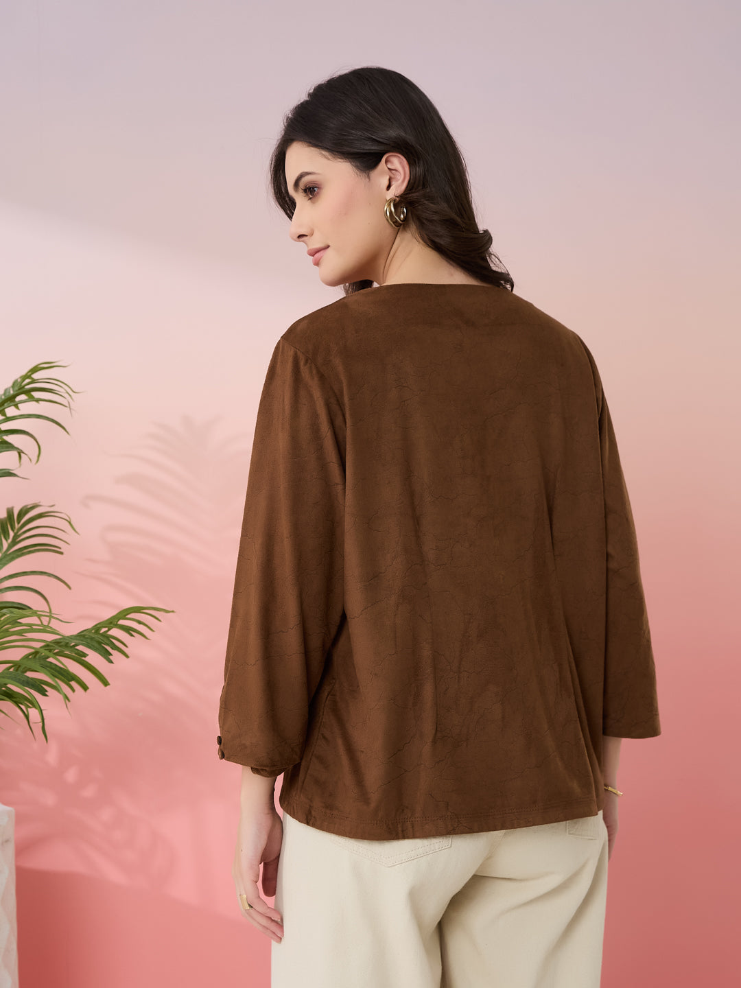 Latin Quarters Women's Brown Solid V-Neck 3/4th Sleeves Casual Top