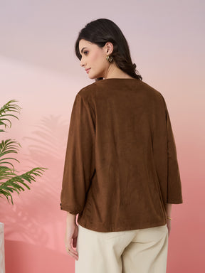 Latin Quarters Women's Brown Solid V-Neck 3/4th Sleeves Casual Top
