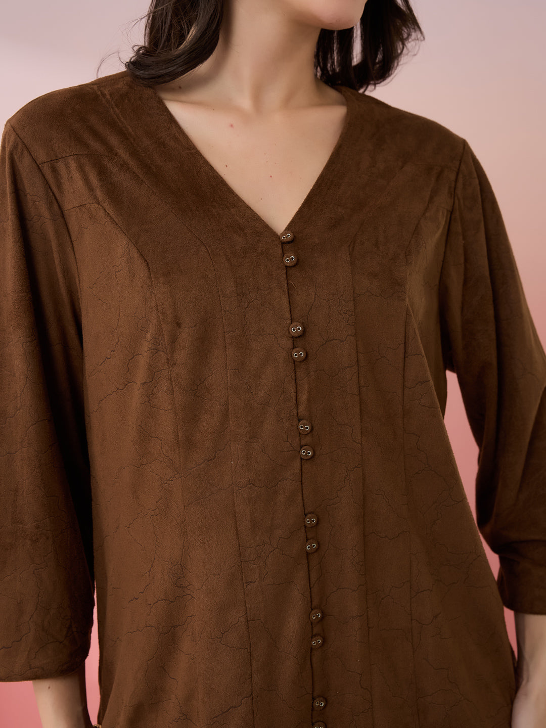 Latin Quarters Women's Brown Solid V-Neck 3/4th Sleeves Casual Top