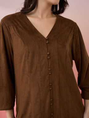 Latin Quarters Women's Brown Solid V-Neck 3/4th Sleeves Casual Top
