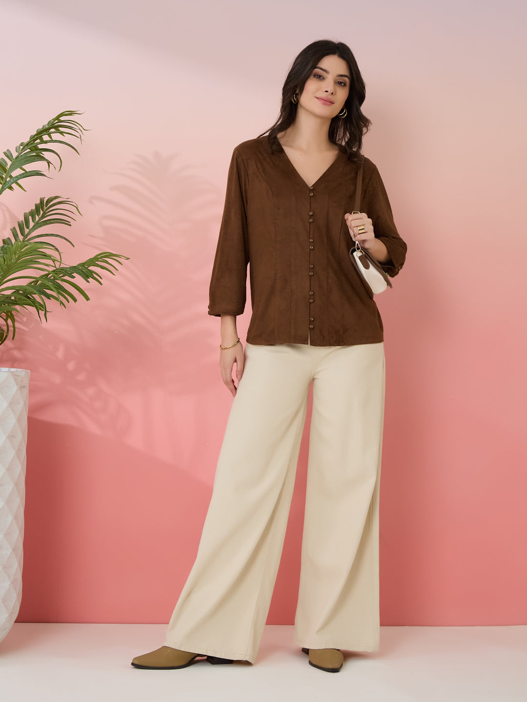Latin Quarters Women's Brown Solid V-Neck 3/4th Sleeves Casual Top