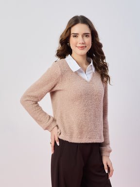 Latin Quarters Women's Beige Fur Full Sleeves Collar Neck Casual Sweatshirt