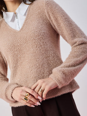 Latin Quarters Women's Beige Fur Full Sleeves Collar Neck Casual Sweatshirt