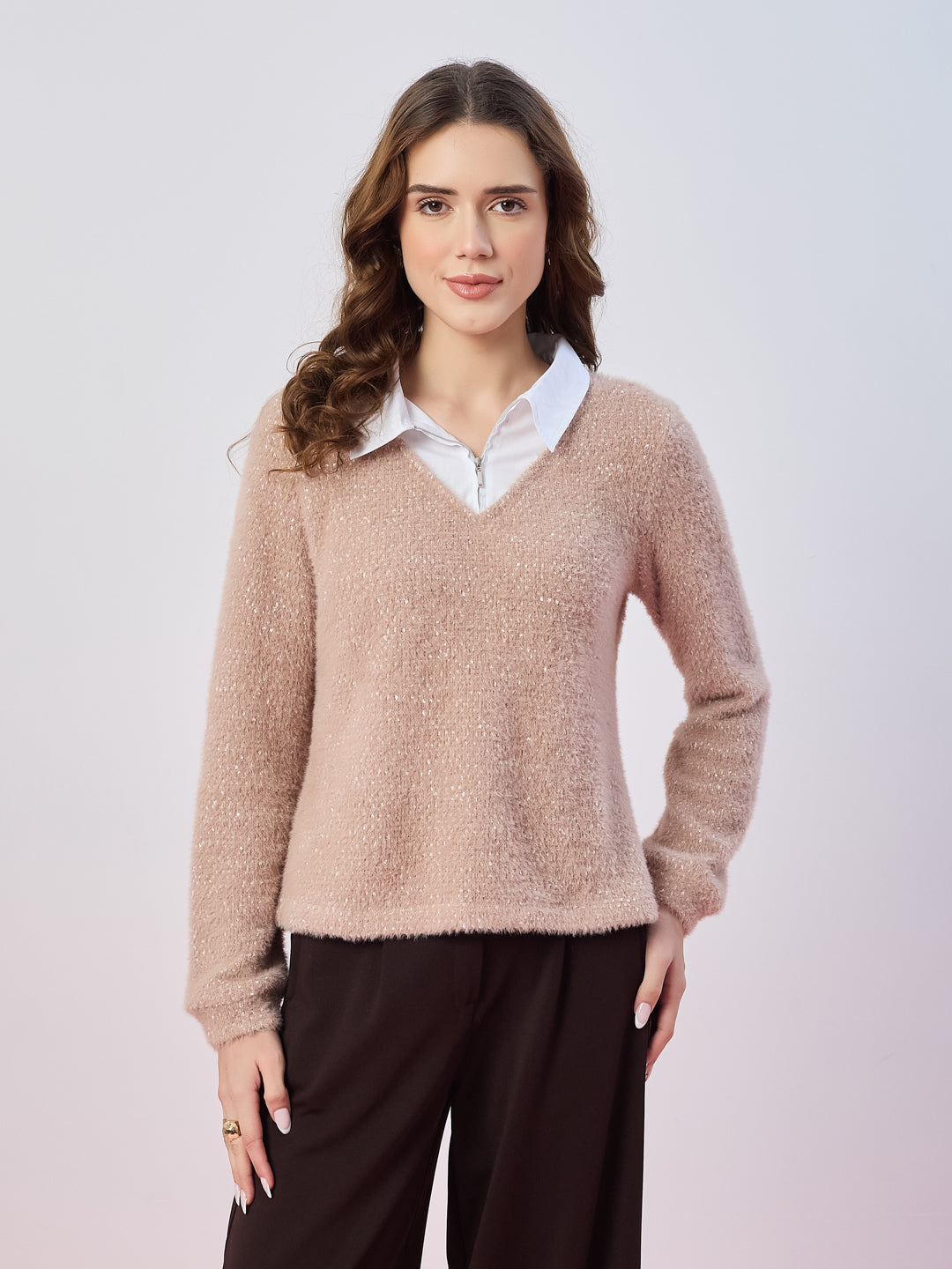 Latin Quarters Women's Beige Fur Full Sleeves Collar Neck Casual Sweatshirt