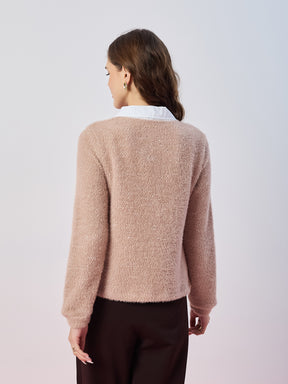 Latin Quarters Women's Beige Fur Full Sleeves Collar Neck Casual Sweatshirt