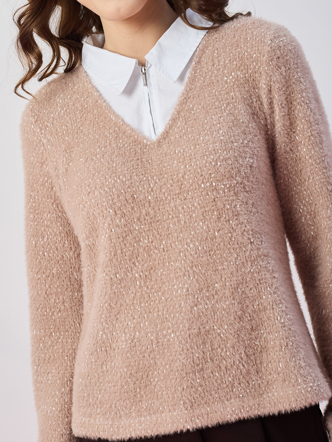 Latin Quarters Women's Beige Fur Full Sleeves Collar Neck Casual Sweatshirt