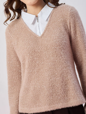 Latin Quarters Women's Beige Fur Full Sleeves Collar Neck Casual Sweatshirt