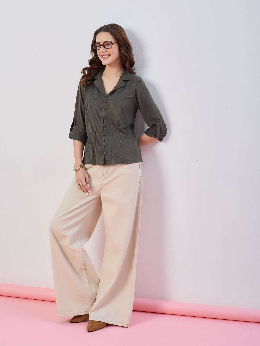 Latin Quarters Women's Green Solid 3/4th Sleeves Collar Neck Casual Shirt
