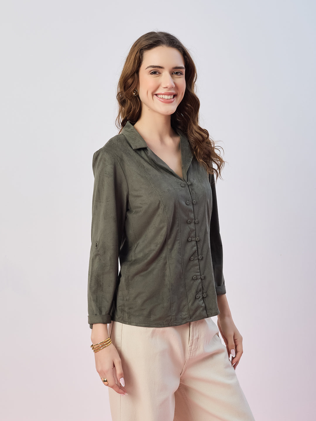 Latin Quarters Women's Green Solid 3/4th Sleeves Collar Neck Casual Shirt