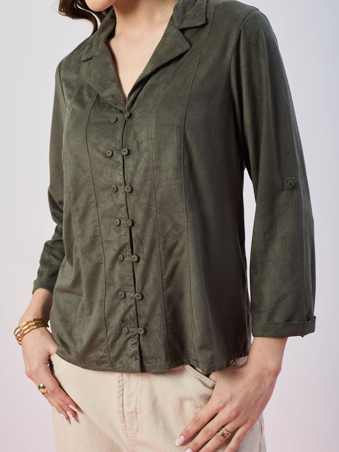 Latin Quarters Women's Green Solid 3/4th Sleeves Collar Neck Casual Shirt