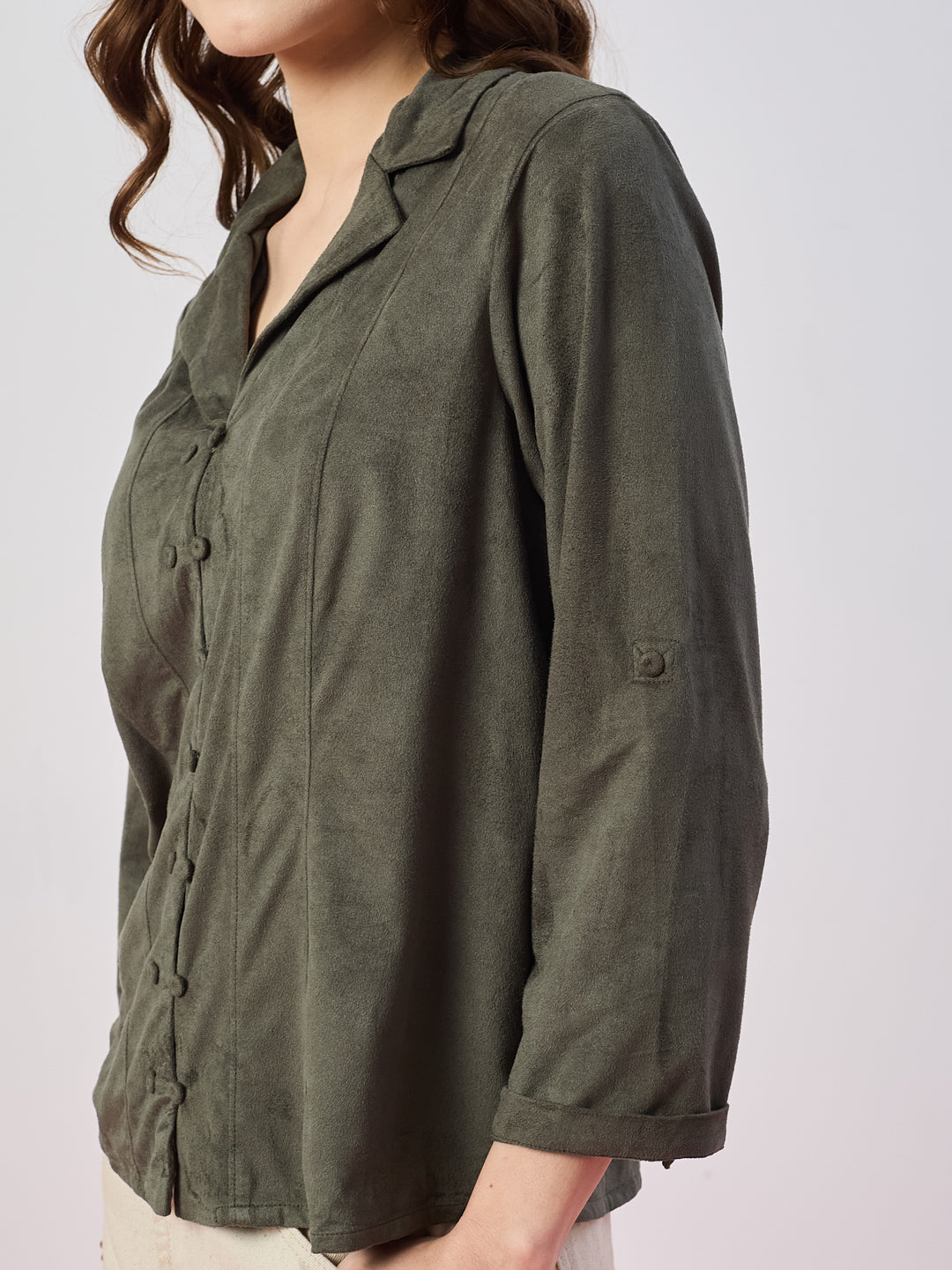Latin Quarters Women's Green Solid 3/4th Sleeves Collar Neck Casual Shirt