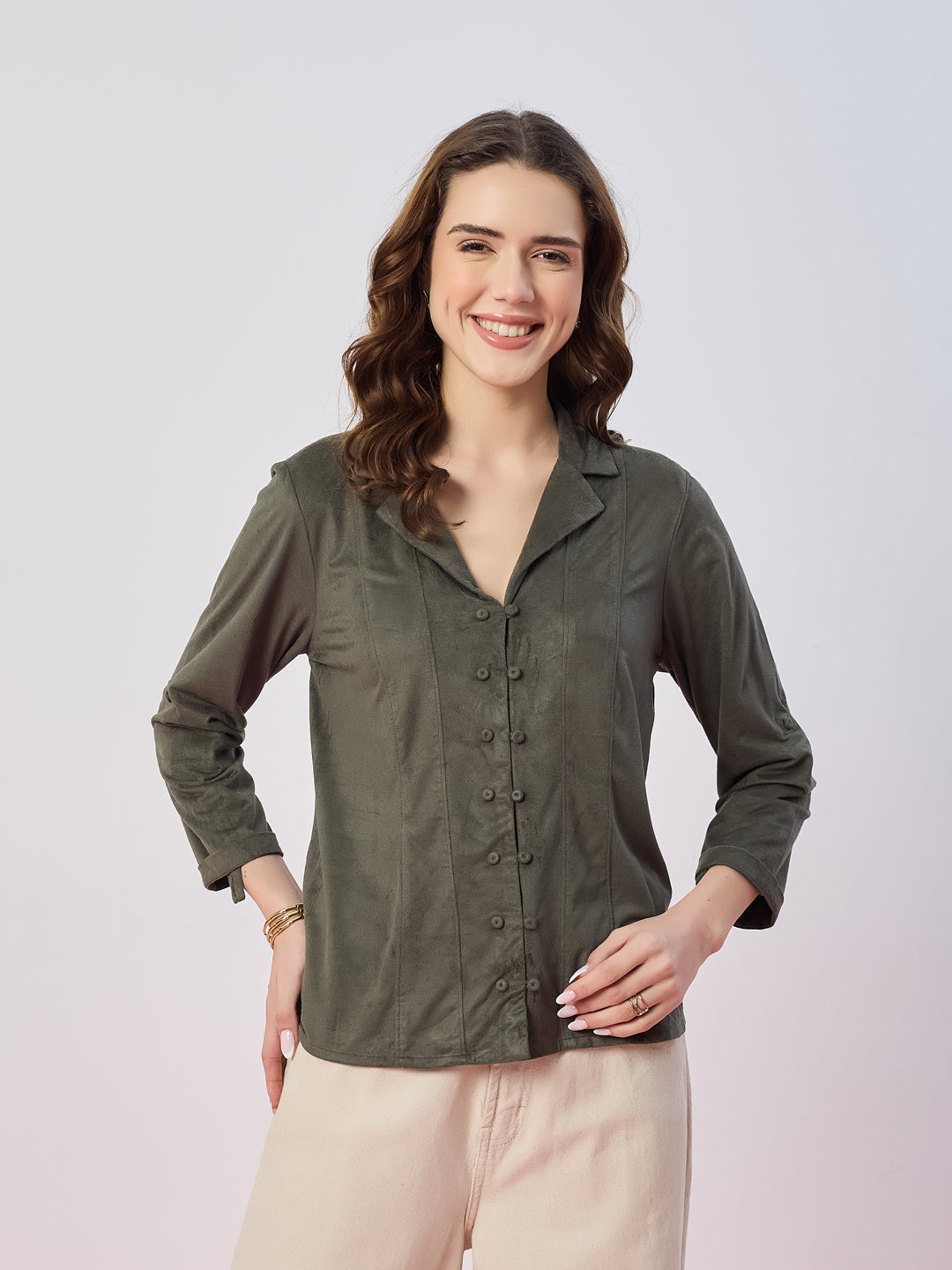 Latin Quarters Women's Green Solid 3/4th Sleeves Collar Neck Casual Shirt